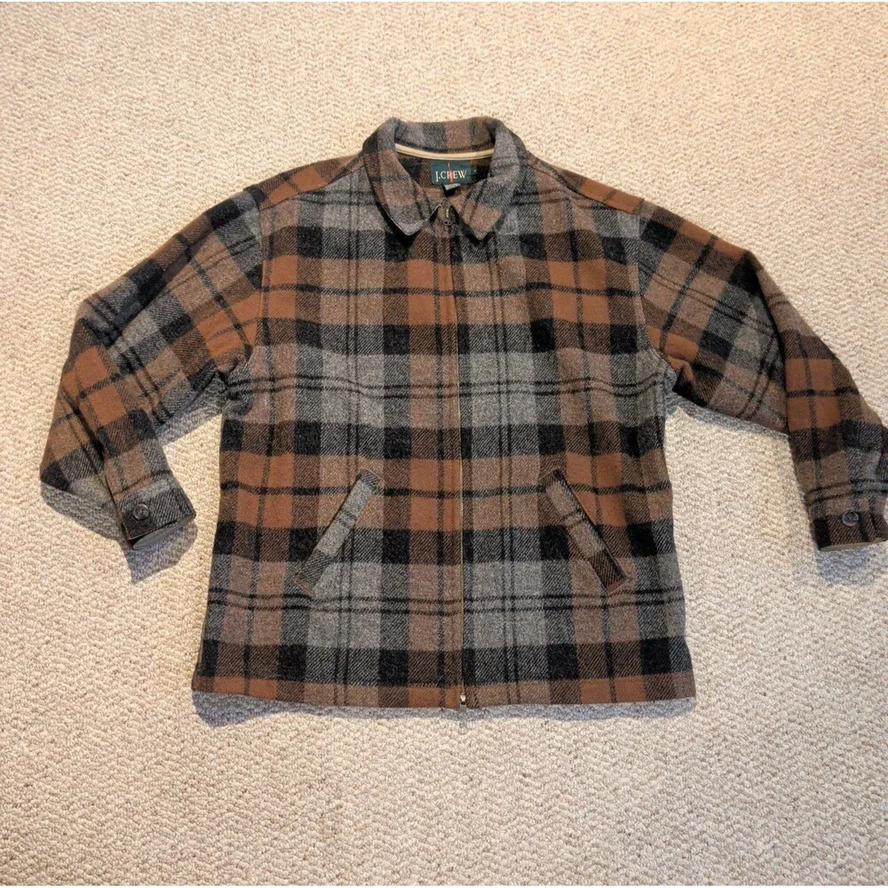 Vintage J Crew Wool Blend Plaid Jacket Mens L Brown Gray Full Zip Outdoor